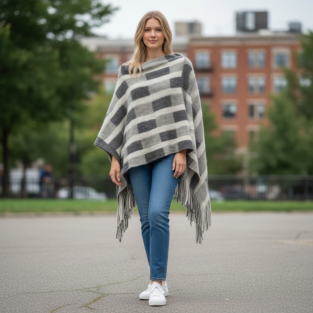 Anthropologie Northern Nights grey/cream poncho with fringe one size LL